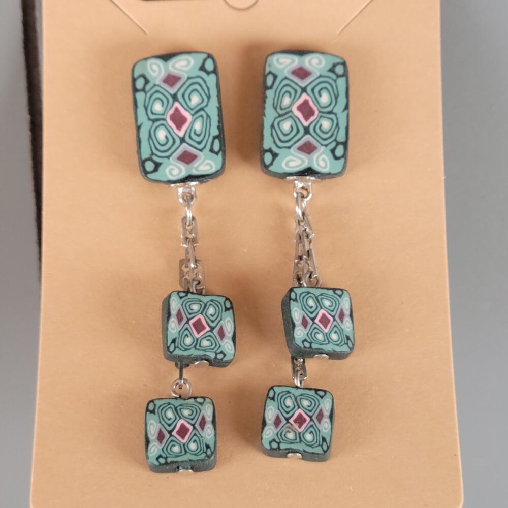 Handmade Polymer Clay Dangle Earrings Teal Pink Black Geometric Pattern Pierced